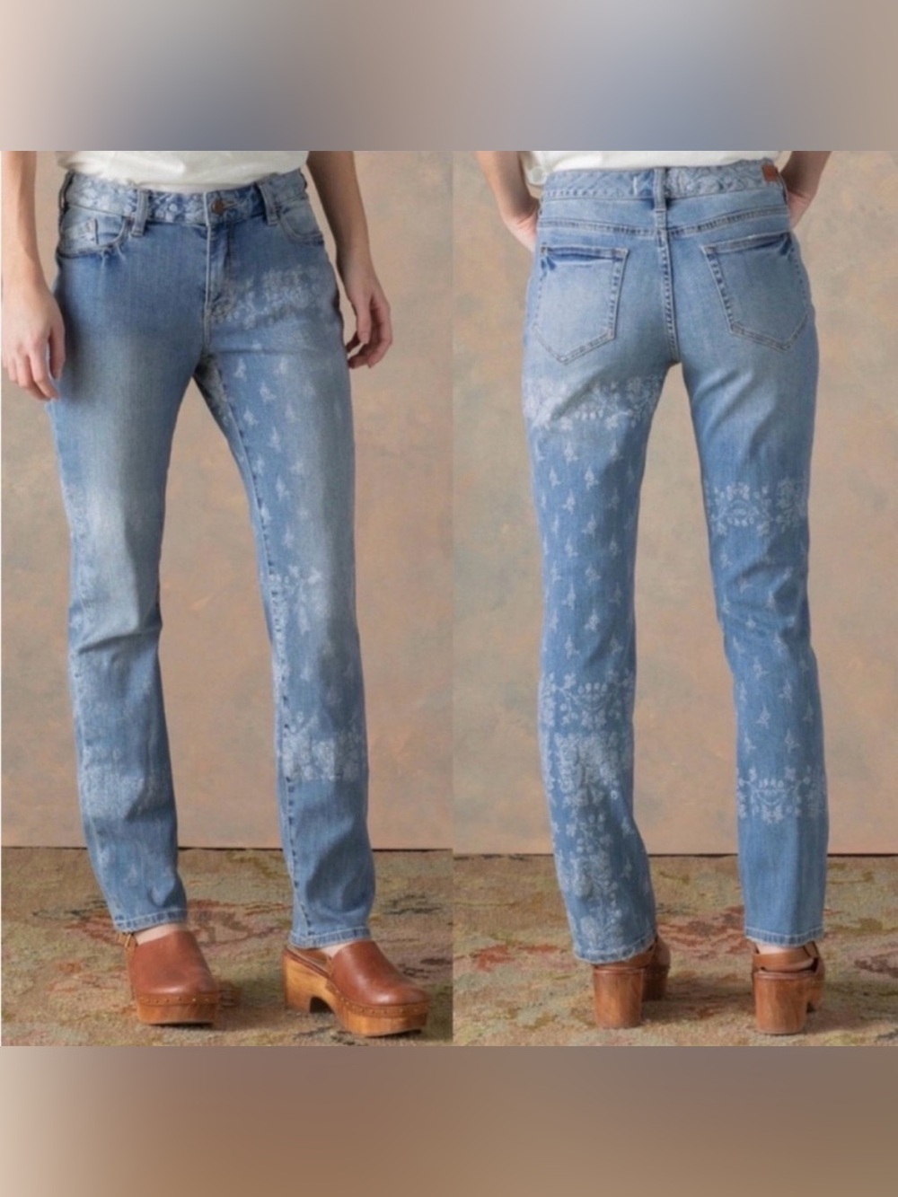 Sundance Bella Etched Floral Straight Leg Jeans Size 30 boho denim blue artsy